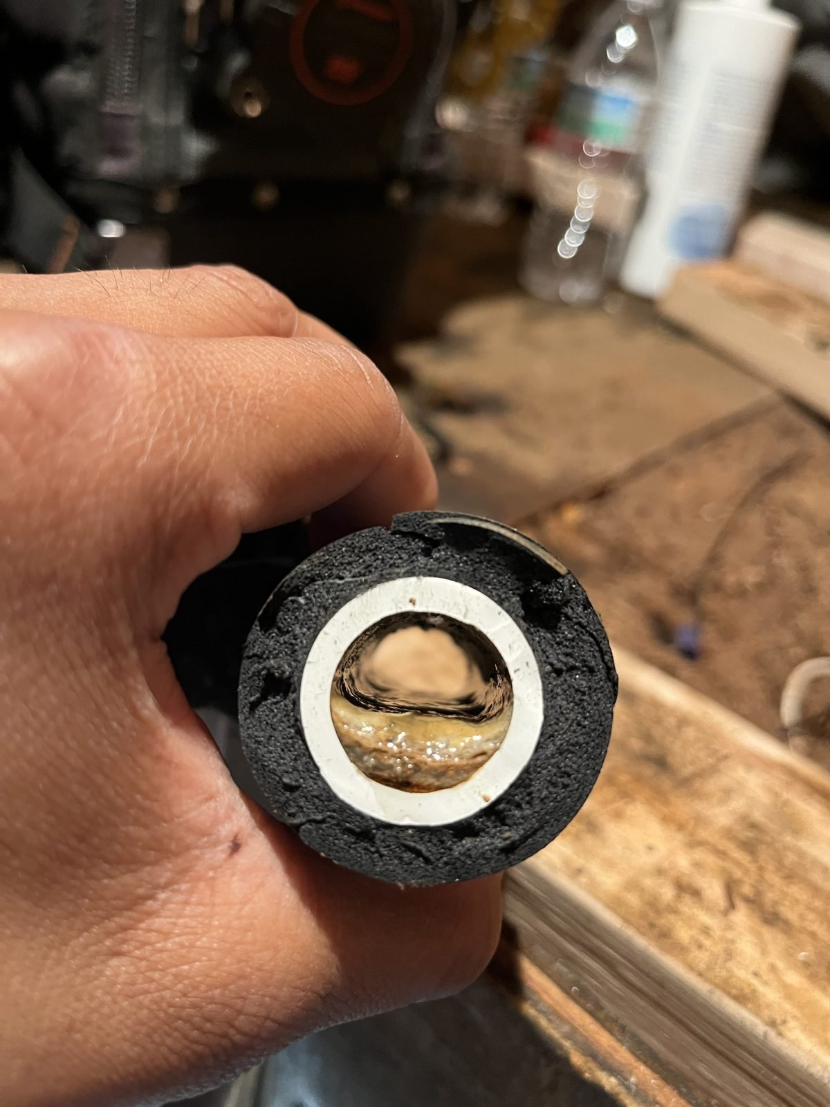 A drain line we cut out on a change out. That was the inside of it. Nothing was getting through, which is why the pan kept filling. New line, new float switch, done.